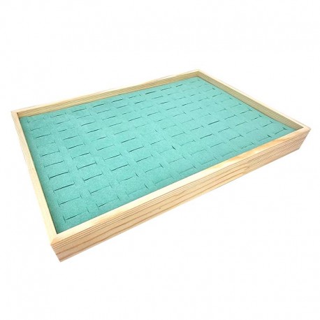 Plateau pour 100 bagues en bois et en tissu aspect suédine vert lagon