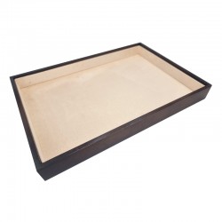 Lot de 5 plateaux de présentation en bois foncé et tissu aspect suédine beige