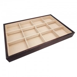 Lot de 5 plateaux bijoux en bois foncé et tissu aspect suédine beige à casiers