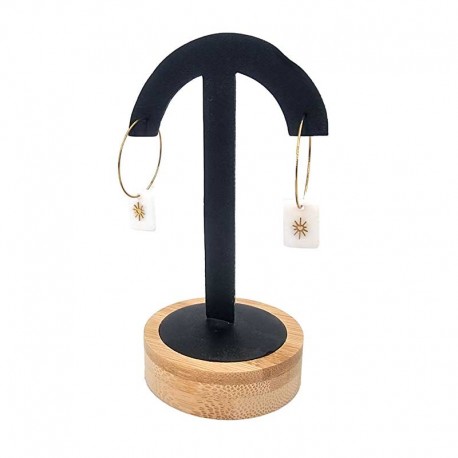 Porte boucles d'oreilles en forme de parapluie sur socle en bois - Simili cuir noir