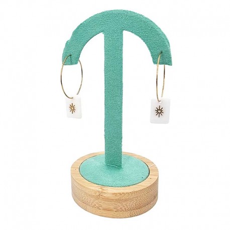 Porte boucles d'oreilles en forme de parapluie sur socle en bois - Suédine vert lagon