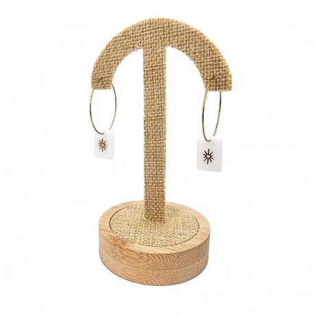 Porte boucles d'oreilles en forme de parapluie sur socle en bois - Toile de jute