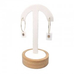 Porte boucles d'oreilles en forme de parapluie sur socle en bois - Simili cuir blanc