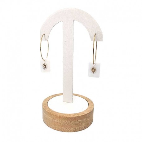 Porte boucles d'oreilles en forme de parapluie sur socle en bois - Simili cuir blanc