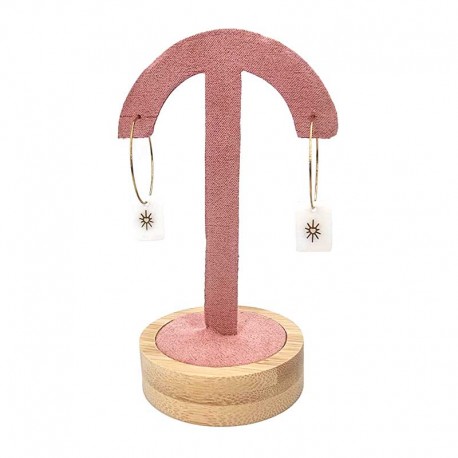 Porte boucles d'oreilles en forme de parapluie sur socle en bois - Suédine rose