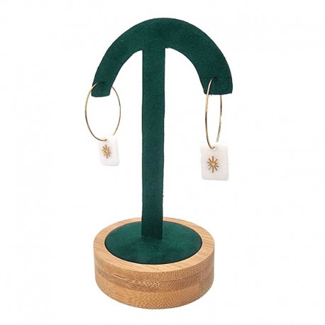 Porte boucles d'oreilles en forme de parapluie sur socle en bois - Suédine vert émeraude